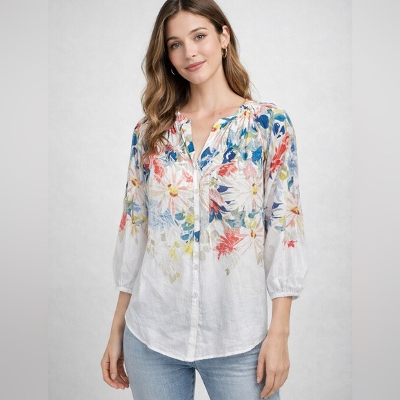 Vince Camuto Tops - Vince Camuto Summer Swirl Floral Blouse Ultra White Size S Women Boho Peasant